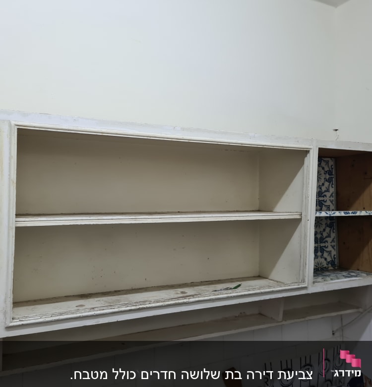 ארון מטבח ישן עם מדפים ריקים ורקע אריחים מעוצבים